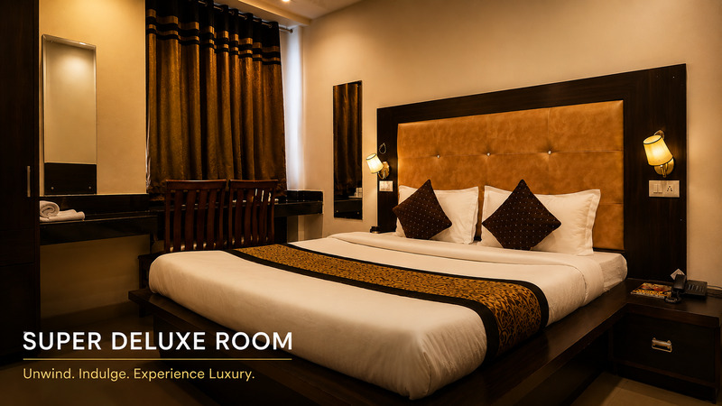 Super Deluxe Room interior at Hotel The Black Gold with a 43-inch Smart TV and modern decor.